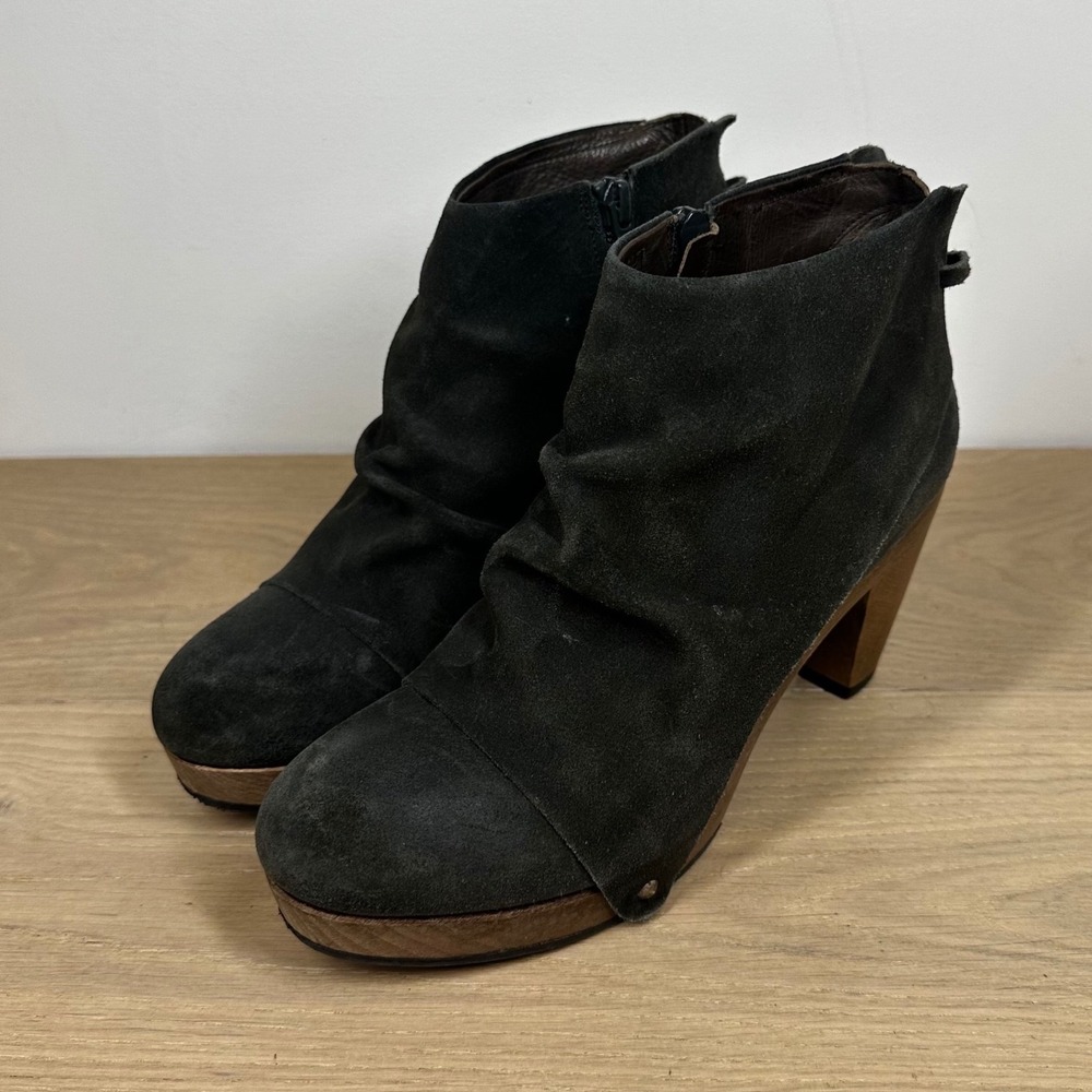 Coclico Ankle Boots Women 7.5 Black Suede Wood Heel Platform Draped